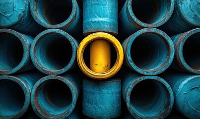 Poster - Vibrant Yellow Pipe Surrounded by Circular Blue Pipes in an Industrial Setting, Highlighting Contrast and Texture in Construction Materials