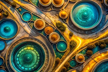 Poster - Abstract Teal Gold Black Circle Line Texture Drone Aerial Photography