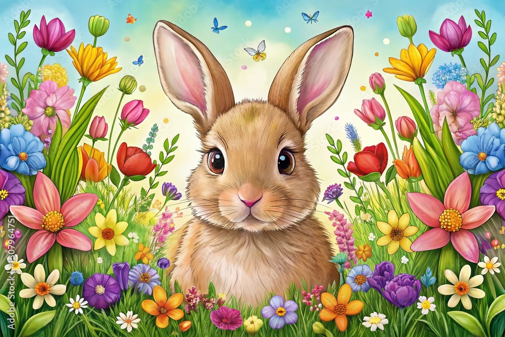 Adorable Bunny Rabbit with Spring Flowers Coloring Page Illustration ...