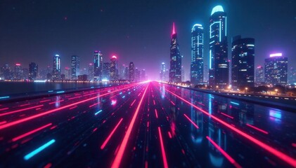 Binary code streams across futuristic cityscape, reality, city