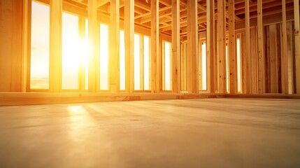 Poster - Sunlight streams through wooden framing in a construction site, highlighting the unfinished space.