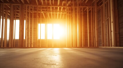 Aufkleber - Sunlight streams through wooden framing in an empty interior space, highlighting construction progress.