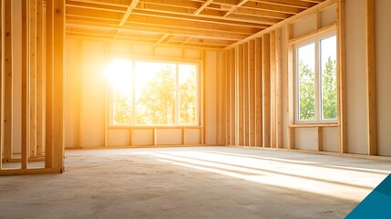 Aufkleber - Bright, unfinished interior space with wooden framing and sunlight streaming through the windows.