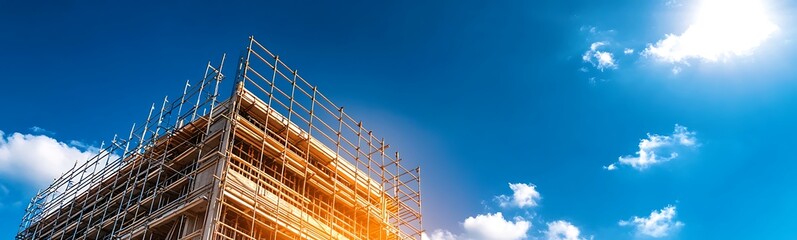 Poster - Scaffolding structure against a bright blue sky with clouds and sunlight.