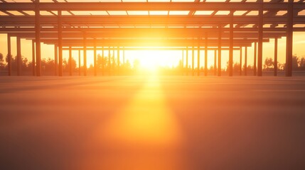Aufkleber - Sunset view through a structured framework, casting warm light and shadows on the ground.