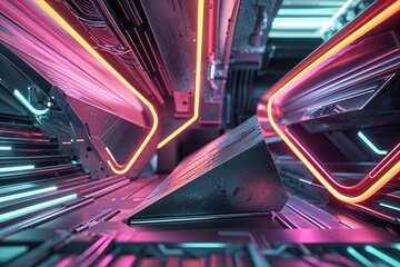 Poster - Futuristic Neon Abstract Background with Metallic Textures for Modern Design Aesthetics