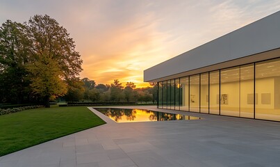 Poster - Modern architecture with a reflective pool and sunset backdrop amidst lush greenery.