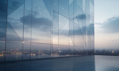 Aufkleber - Modern glass architecture reflecting a city skyline at dusk with soft clouds and ambient lighting.