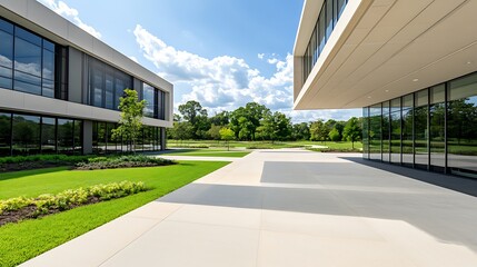 Aufkleber - Modern architecture with large glass windows, green landscaping, and a bright sky.