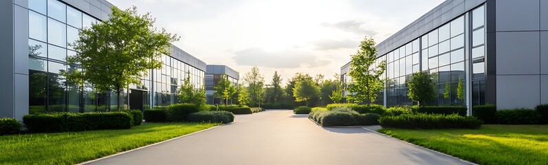 Poster - Modern commercial buildings surrounded by greenery under a bright sky.
