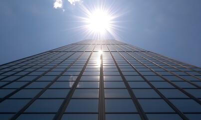 Poster - A tall glass building reflecting sunlight against a clear blue sky.