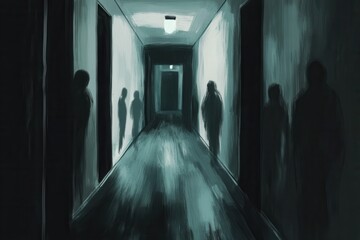 Aufkleber - Creepy dark corridor with ghostly shadows and flickering lights creating a chilling atmosphere of fear and suspense