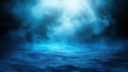 Aufkleber - Mysterious Ocean Scene with Fog and Dramatic Light Over Calm Waters at Night in Deep Blue Tones for Atmospheric Stock Photo Use