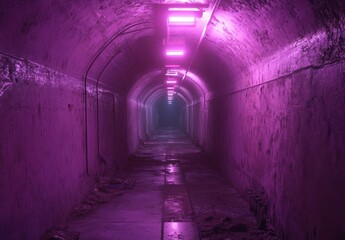 Poster - Mysterious underground tunnel illuminated with vibrant purple lights creating an eerie atmosphere of intrigue and silence in an abandoned space