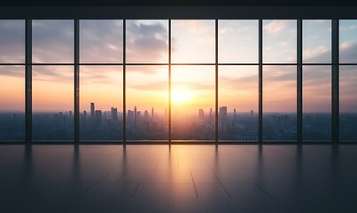 Aufkleber - Stunning sunset view from a modern building, showcasing a city skyline through large glass windows.