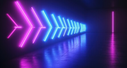 Poster - Neon Arrow Lights in Vibrant Blue and Pink Colors Illuminating Modern Space with Reflective Floor Surfaces and Futuristic Atmosphere