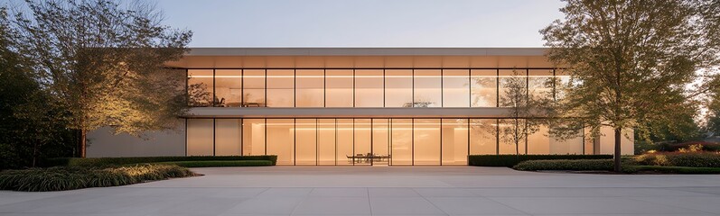 Aufkleber - Modern architectural design featuring large glass windows and landscaped surroundings at dusk.