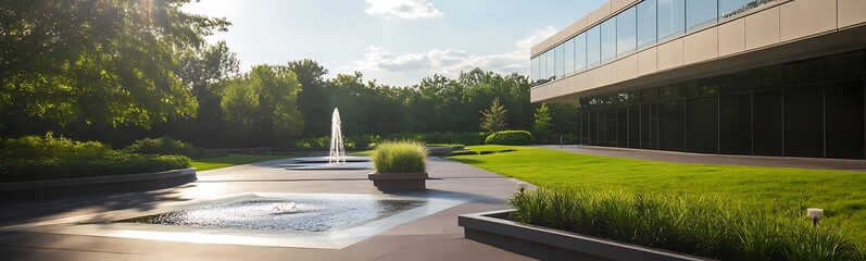 Poster - Modern garden with a fountain and lush greenery, bathed in natural sunlight.