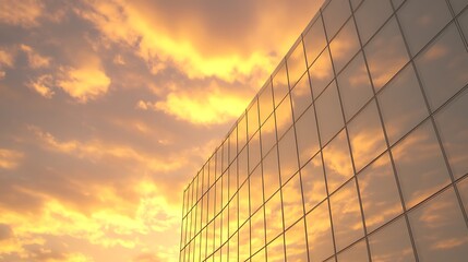 Aufkleber - Modern building reflecting a vibrant sunset with colorful clouds in the sky.