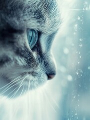 Aufkleber - Soft reflections of a cat observing rain through a window on a muted blue and gray day Generative AI