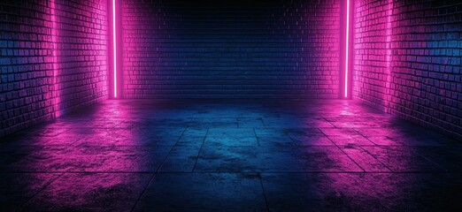 Poster - Neon-lit empty room with glowing pink and blue lights on dark brick walls, perfect for futuristic and modern backgrounds or promotional media