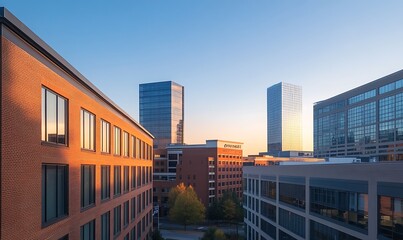 Poster - Urban skyline at sunset with modern buildings and warm lighting reflecting off glass surfaces.