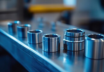 Poster - Precision engineered metal components displayed on a sleek surface showcasing details and craftsmanship in a modern industrial environment