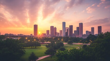 Poster - City skyline at sunset with vibrant colors and green park foreground.