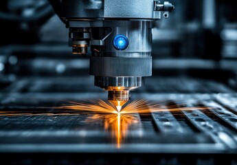 Poster - Precision Laser Cutting Process in Advanced Manufacturing Environment with Bright Sparks and High-Tech Machinery Focused on Metal Sheet