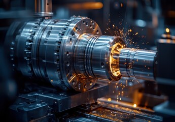 Poster - Precision machining in industrial workshop showcasing metal cutting process with sparks flying and advanced machinery creating intricate components