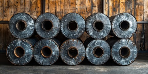 Poster - Rows of Industrial Steel Rolls against a Rustic Wooden Background in a Dimly Lit Warehouse Setting