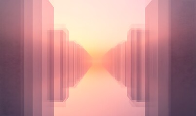 Fototapete - Futuristic landscape with translucent structures and a soft pink sunset reflection.