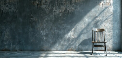 Poster - Rustic Wooden Chair Against Textured Gray Wall in Sunlight Casting Shadows for Minimalist Interior Design and Home Aesthetic Concepts