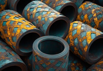 Poster - Rusty and Worn Industrial Metal Rolls with Intricate Patterns and Textures in Blue and Orange Hues for Authentic Manufacturing Aesthetic
