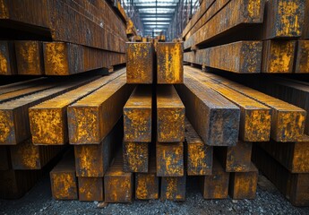 Poster - Rusty Steel Beams Stacked in Industrial Warehouse Creating a Challenging and Gritty Atmosphere for Construction and Manufacturing Applications