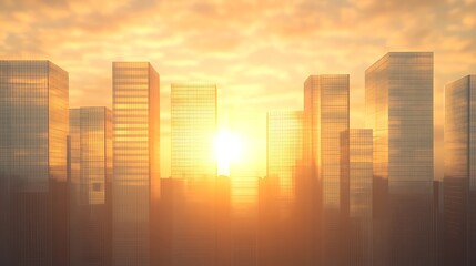 Poster - Sunset illuminating modern skyscrapers, creating a warm, atmospheric cityscape.