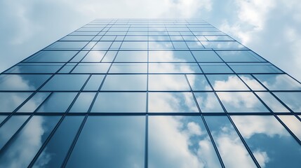 Poster - High-rise building reflecting clouds in a clear blue sky.