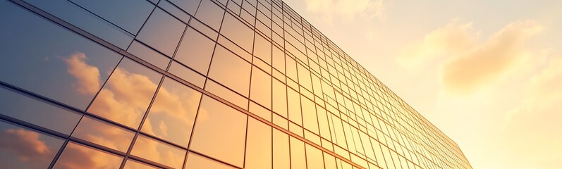 Poster - Modern glass building reflecting a colorful sunset sky with clouds.