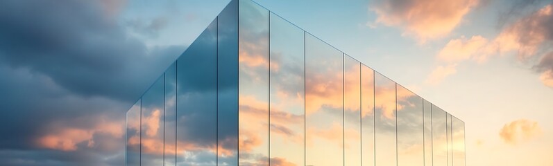 Poster - Modern glass building reflecting a colorful sunset with dramatic clouds in the sky.