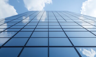 Aufkleber - Modern skyscraper reflecting clouds and blue sky, showcasing glass architecture.