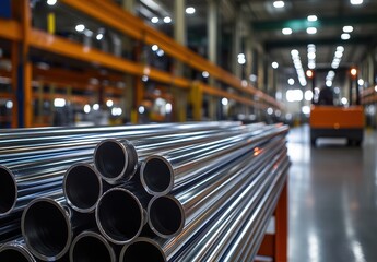 Poster - Shiny Steel Pipes Stacked Neatly in a Modern Industrial Warehouse with Blurred Background, Factory Environment, Metal Manufacturing Facility