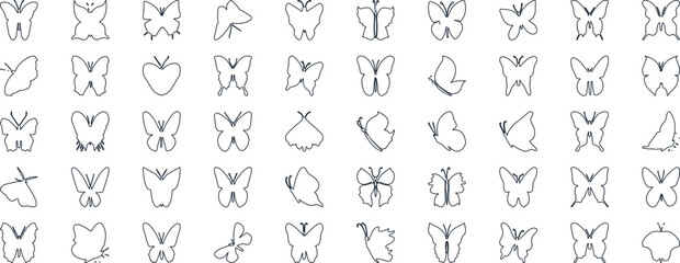 Butterfly vector illustration set, line art style, Butterflies in various poses. Perfect for spring, summer designs, invitations.