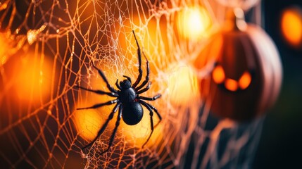 A spider sits at the center of its intricate web with an orange pumpkin in the background