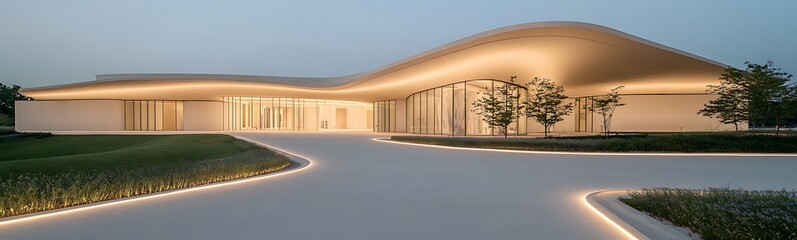 Aufkleber - Modern architectural building with soft curves and ambient lighting set in a landscaped environment.