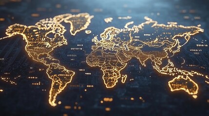Poster - Global network map, illuminated world map, glowing lines on circuit board background, digital world design