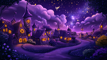 Canvas Print - night sky painting featuring clouds and stars dreamy purple space wallpaper with a cute abstract cel