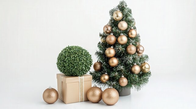 Christmas tree with sparkling ornaments and a box plant arranged