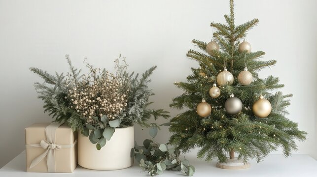 Christmas tree with sparkling ornaments and a box plant arranged