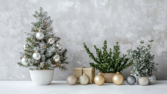 Christmas tree with sparkling ornaments and a box plant arranged