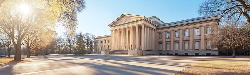 Aufkleber - Beautiful historic building illuminated by sunlight, surrounded by trees in a tranquil setting.